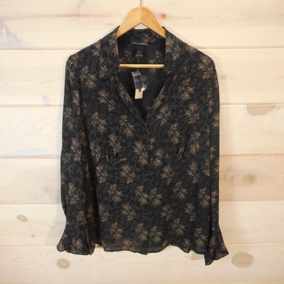 NWT Lane Bryant 100% Silk Women's 14/16 Button-up Blouse Poet Sleeve Dark Floral - Picture 1 of 12